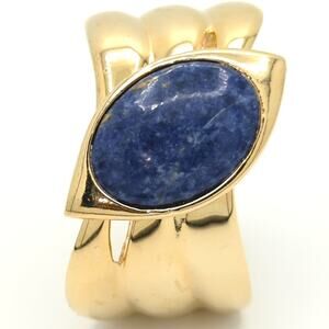 Vintage Gold Tone Hinged Cuff Bracelet Blue Oval Statement Stone